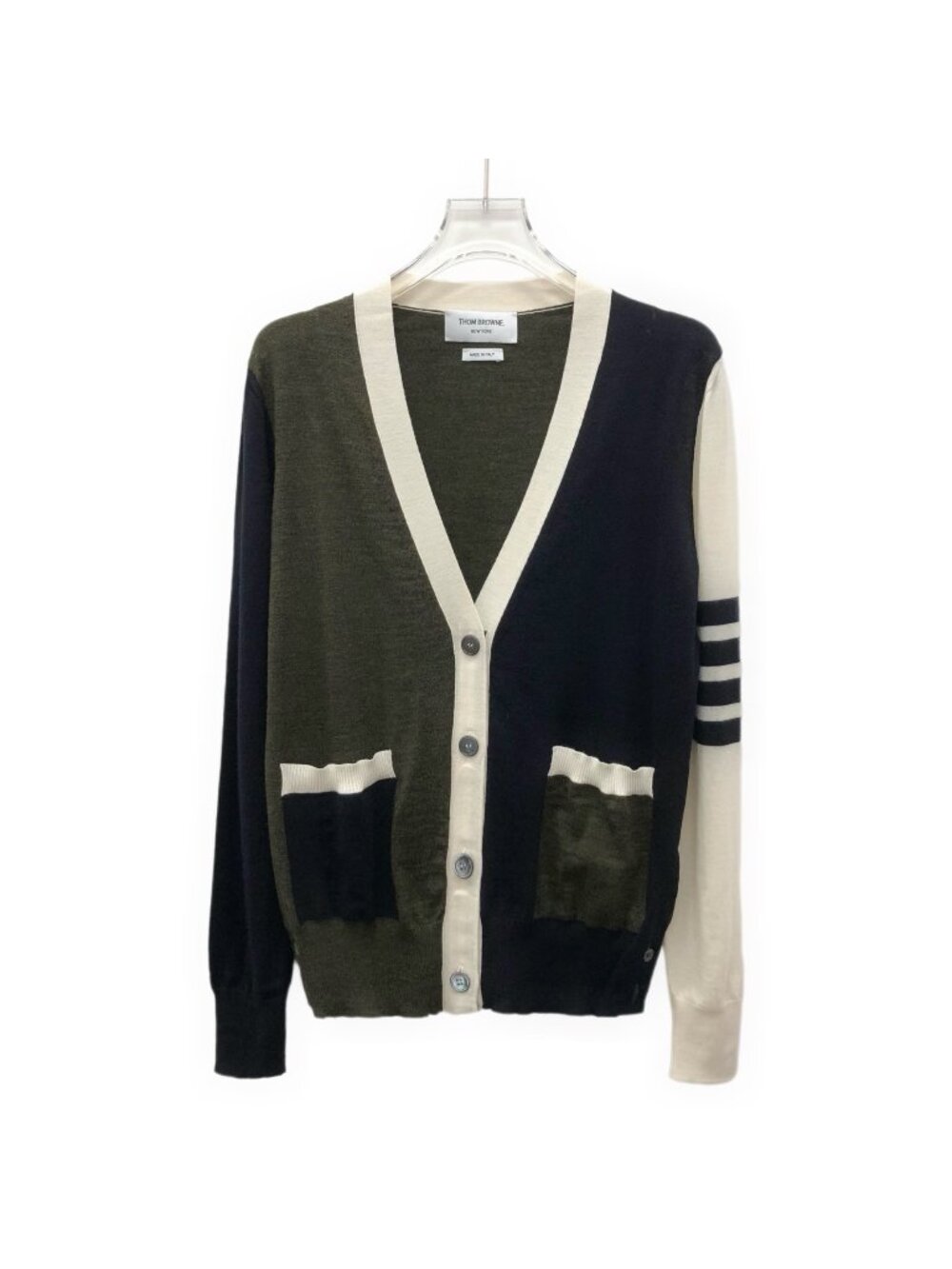 Thom Browne Color-Block Four-Bar Wool V-Neck Cardigan